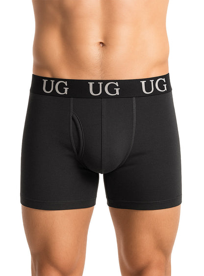 Black undergear fly front cotton boxer briefs with white ug logo repeated along the waistband