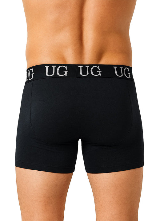 Black undergear fly front cotton boxer brief with white ug logo band around the waist
