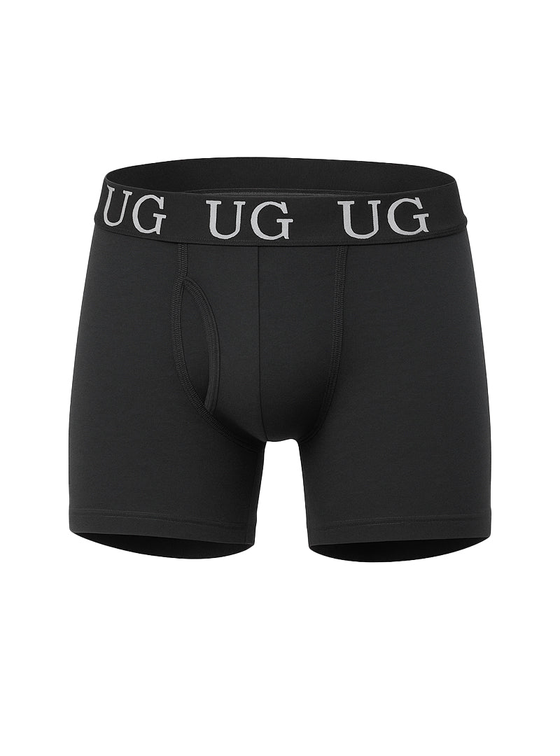 Black undergear fly front cotton boxer brief with gray ug logo band and breathable soft fabric design