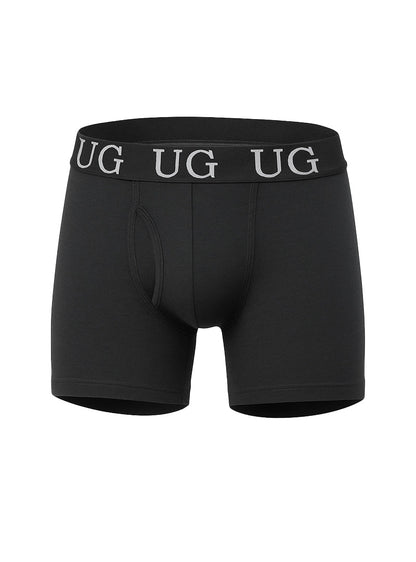 Black undergear fly front cotton boxer brief with gray ug logo band and breathable soft fabric design