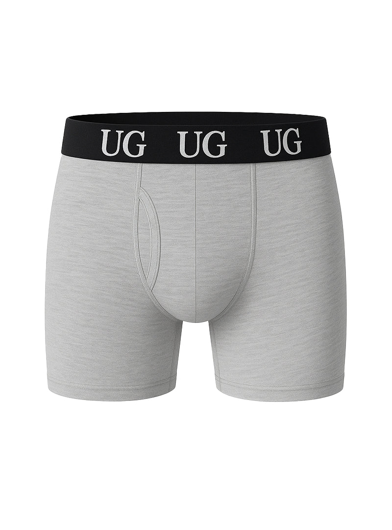 Gray undergear fly front cotton men’s boxer briefs with black waistband and white ug branding