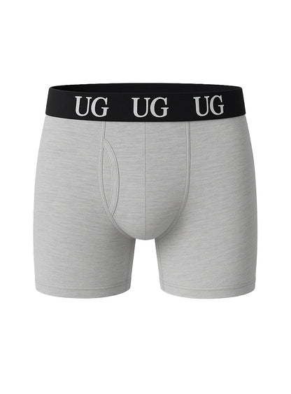 Gray undergear fly front cotton men’s boxer briefs with black waistband and white ug branding