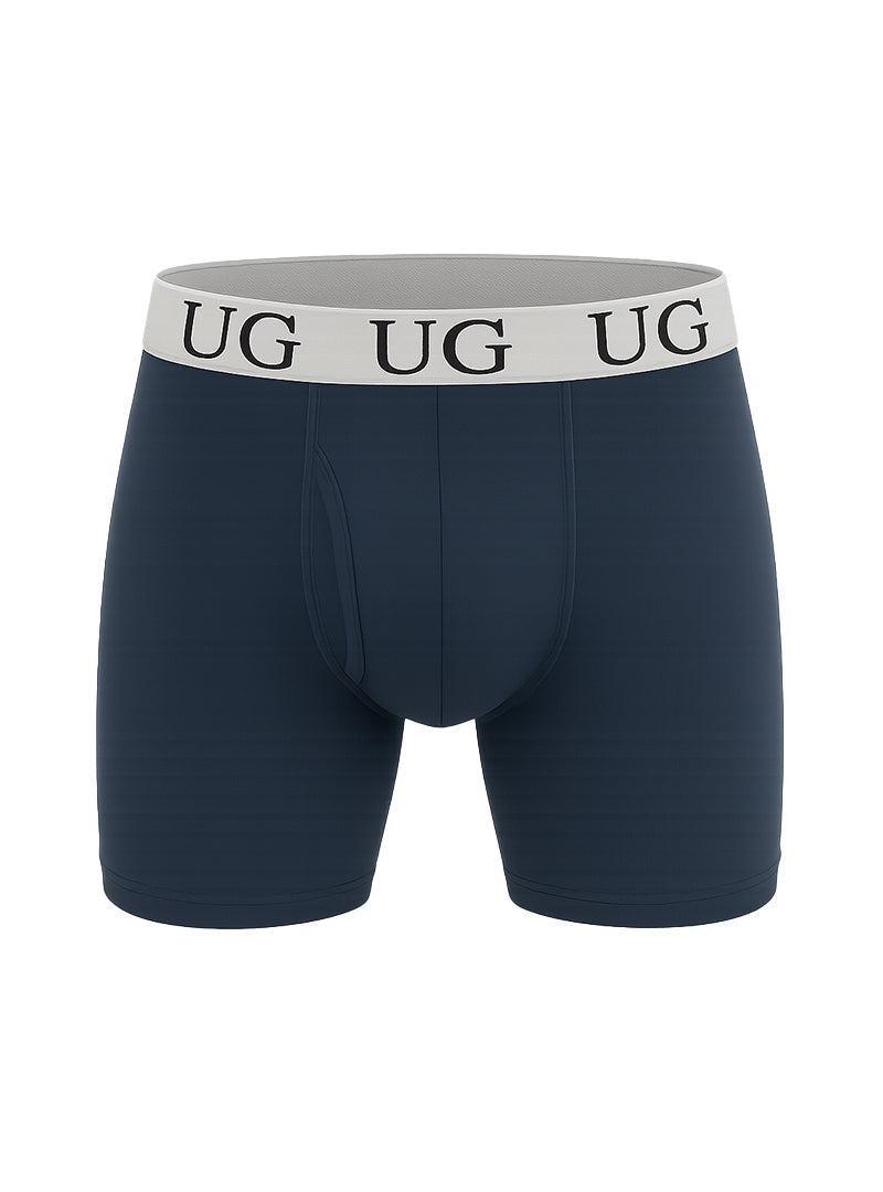 Navy blue cotton undergear fly front boxer briefs with white elastic waistband and black ug logo