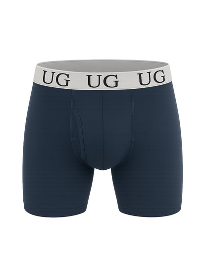 Navy blue cotton undergear fly front boxer briefs with white elastic waistband and black ug logo