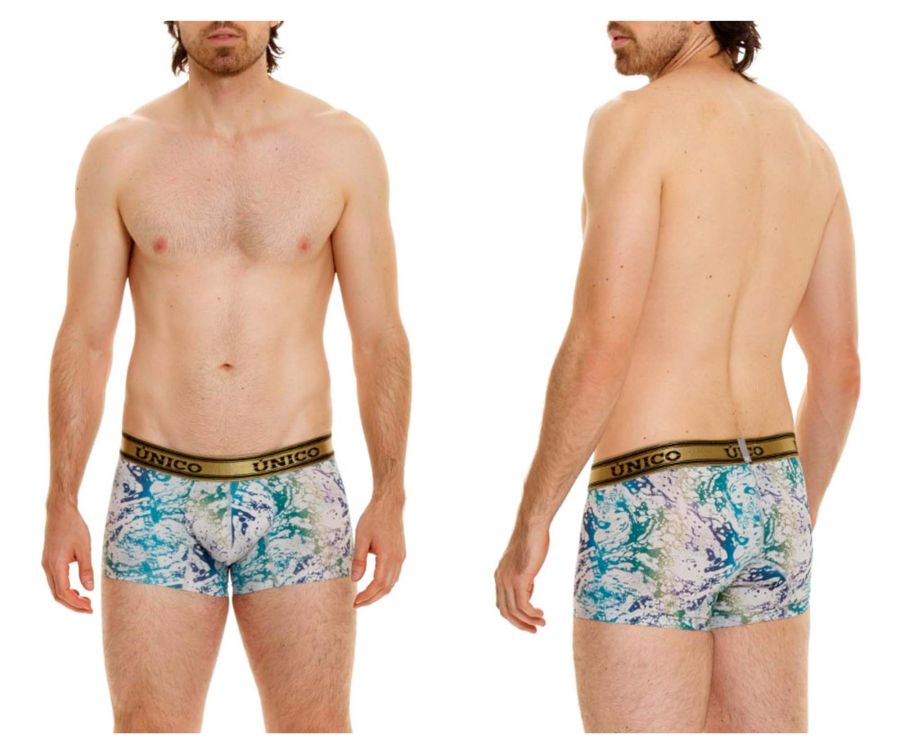 Men’s unico 24020100105 gasoleo trunks in vibrant blue and white marble pattern with gold elastic waistband front view