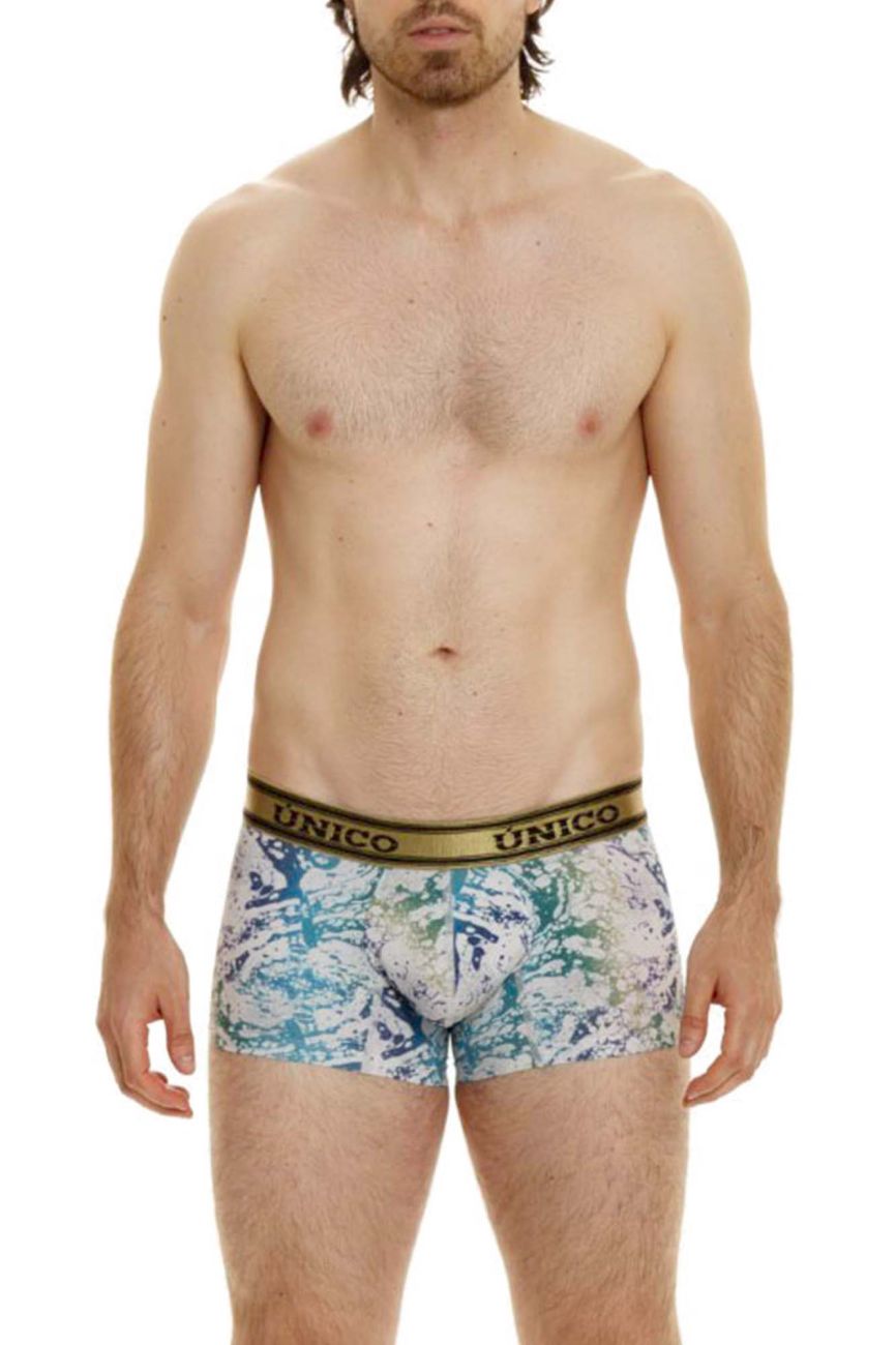 Men’s unico 24020100105 gasoleo trunks in white with blue green splatter and gold elastic waistband boxer briefs