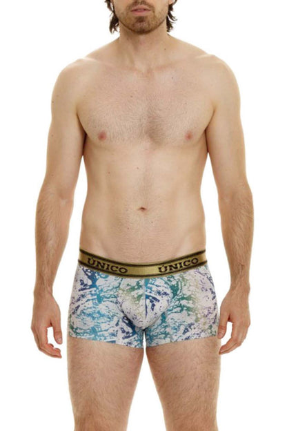 Men’s unico 24020100105 gasoleo trunks in white with blue green splatter and gold elastic waistband boxer briefs