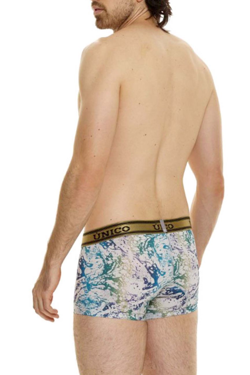 Men’s unico 24020100105 gasoleo trunks boxer briefs with blue white paint-splatter pattern and gold waistband