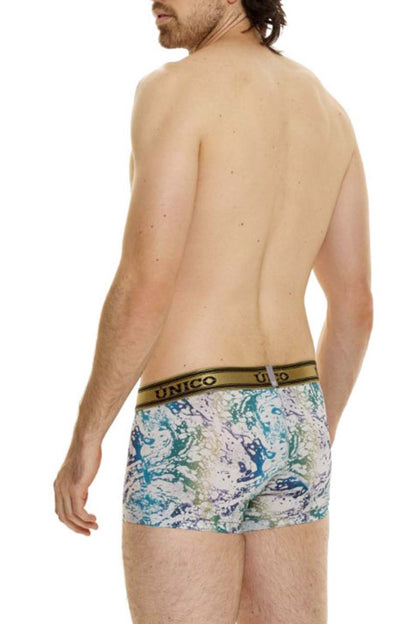 Men’s unico 24020100105 gasoleo trunks boxer briefs with blue white paint-splatter pattern and gold waistband