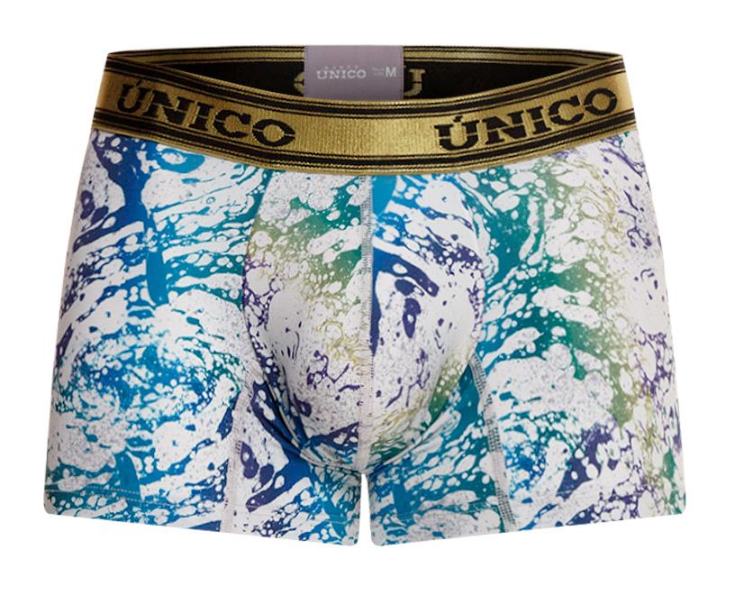 Unico 24020100105 Gasoleo trunks mens boxer briefs with vibrant blue green white paint-splatter pattern and gold waistband