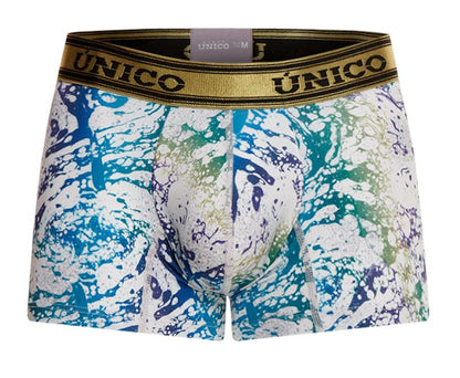 Unico 24020100105 Gasoleo trunks mens boxer briefs with vibrant blue green white paint-splatter pattern and gold waistband