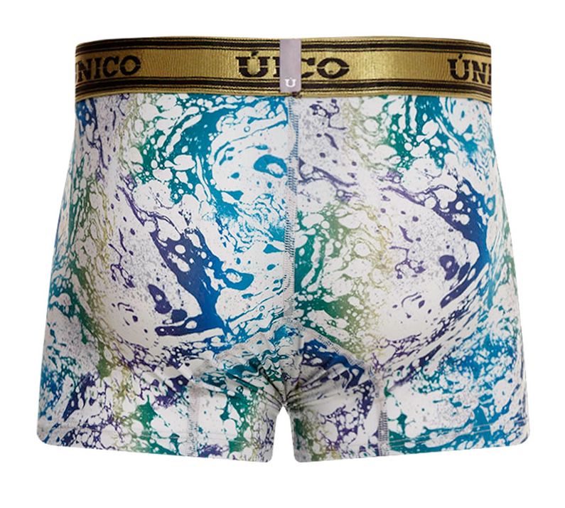Men’s unico 24020100105 gasoleo trunks with vibrant blue green purple paint-splatter on white and gold waistband