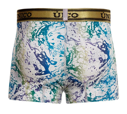 Men’s unico 24020100105 gasoleo trunks with vibrant blue green purple paint-splatter on white and gold waistband