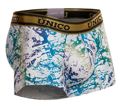 Unico 24020100105 Gasoleo trunks color 59-white men’s boxer briefs with vibrant blue green and white paint-splatter stretchy fabric