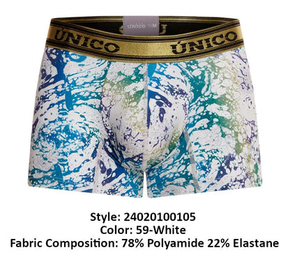 Unico 24020100105 Gasoleo trunks in white boxer briefs with vibrant blue green and purple abstract paint-splatter pattern