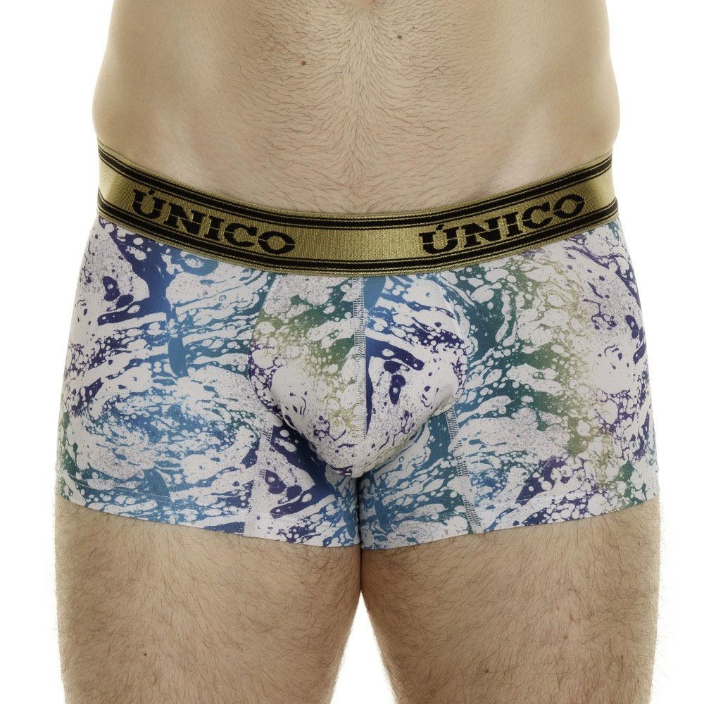 Unico 24020100105 Gasoleo trunks men’s boxer briefs with vibrant blue green white paint-splatter and gold waistband