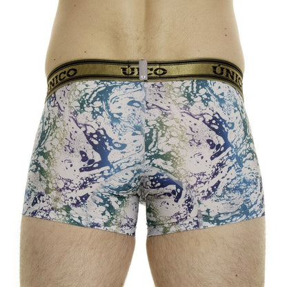 Unico 24020100105 Gasoleo trunks men’s boxer briefs with vibrant blue green purple marbled pattern and olive waistband