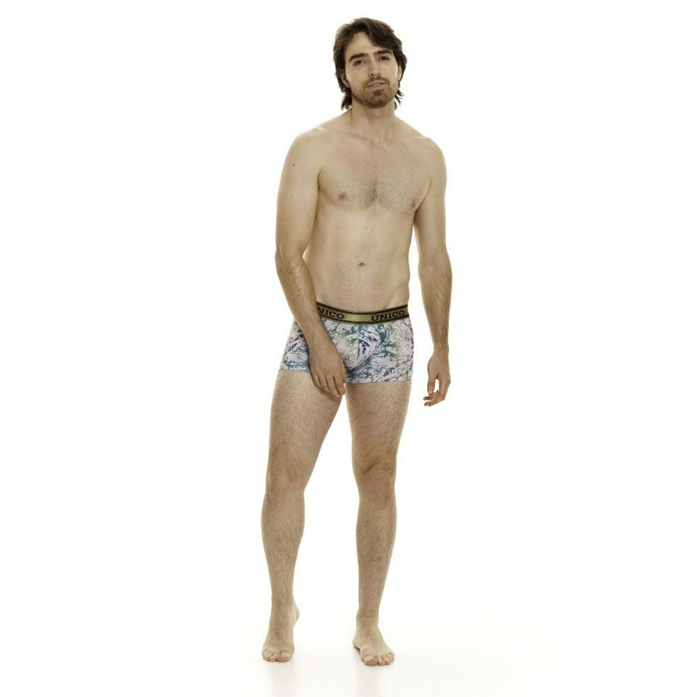Men’s unico 24020100105 gasoleo trunks with light blue white tropical leaf pattern and gold elastic waistband