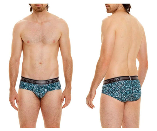 Blue leopard print unico redondel briefs with black elastic waistband in color 46 blue for comfortable wear