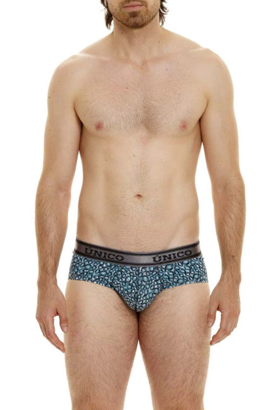 Blue leopard-print unico 24020101110 redondel brief with black elastic waistband in color 46-blue for men