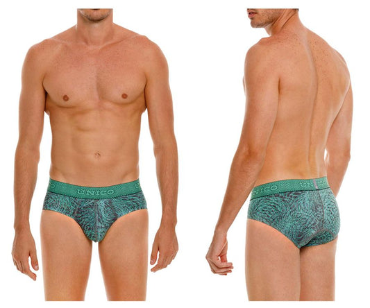Unico 24080101105 cairel briefs in teal and dark green with a textured abstract pattern for men