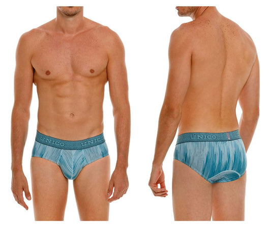 Blue patterned Unico 24080101112 Hilada men’s briefs with textured waistband featuring brand name in color 43-blue