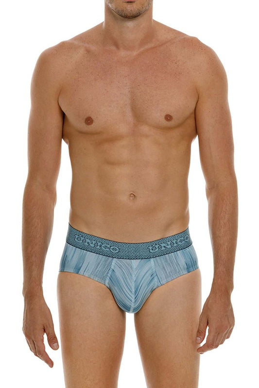 Blue patterned unico 24080101112 hilada briefs with textured waistband featuring dinco brand name color 43-blue