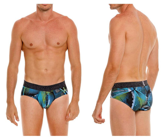 Men’s unico 24080101117 trino briefs in blue and green tropical leaf pattern with black elastic waistband
