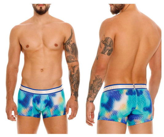 Unico Moscatel trunks in blue with turquoise wave pattern and white waistband featuring the brand name