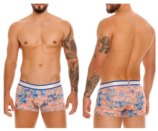 Men’s unico 24100100109 aforo trunks in vibrant pink and blue scale pattern with white waistband and blue stripes
