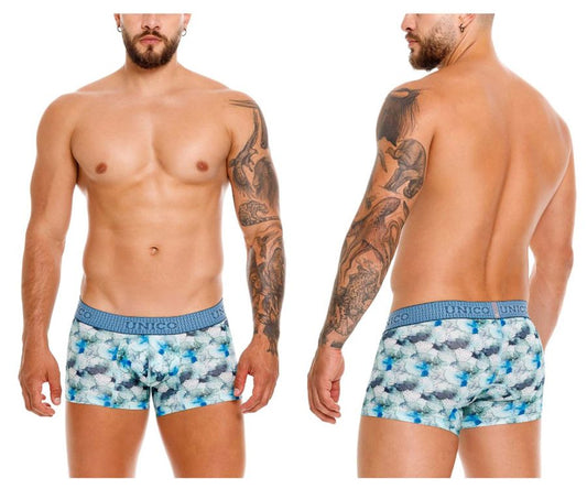 Blue and white floral patterned unico 25020100104 abalon trunks with textured elastic waistband color 43-blue