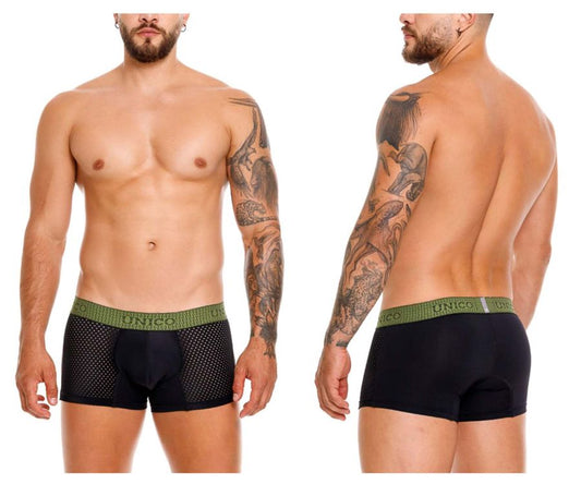Unico 25020100121 tribunal trunks black mesh briefs with green elastic waistband and unico brand name