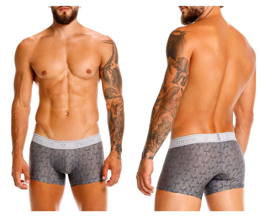 Unico 25050100103 chisell trunks gray patterned men’s boxer briefs with white elastic waistband and unico logo