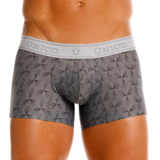 Gray patterned men’s boxer briefs with white único elastic waistband in Unico 25050100103 Chisell trunks color 59-gray