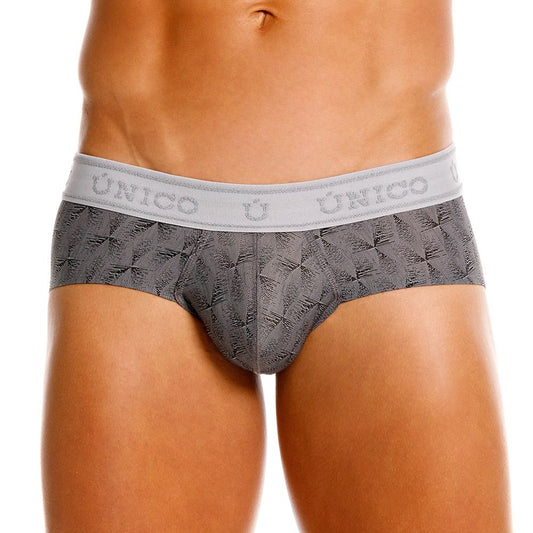 Gray patterned men’s briefs with light gray waistband featuring único brand name modelo 25050101103 chisell briefs