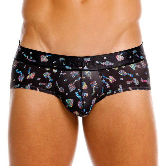 Black men’s briefs with vibrant iridescent rainbow mushroom pattern and the co waistband in black Unico 25060101103