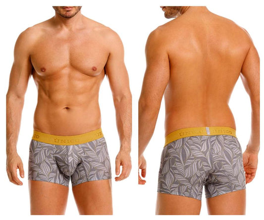 Gray unico men’s boxer briefs with white leaf pattern and yellow elastic waistband model 25070100104 caudal trunks