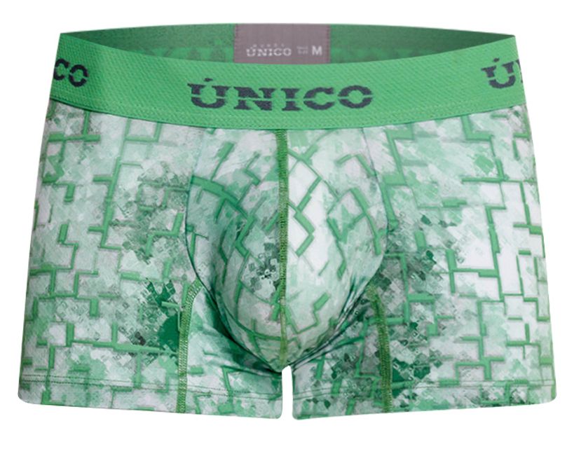 Green and white geometric patterned men’s boxer briefs with unico branded elastic waistband, Unico Piramide trunks color 43-Green