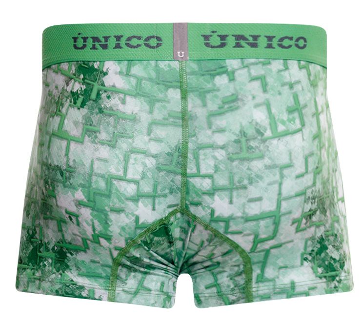 Green patterned men’s boxer briefs with a maze design and único branding on the waistband in color 43-green