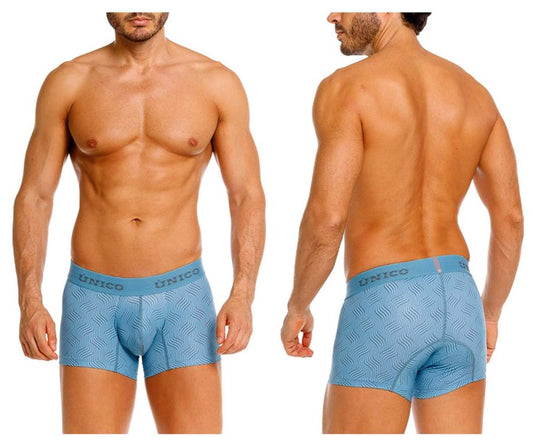 Light blue unico 26020100111 lenoso trunks men’s boxer briefs with subtle wavy pattern and padded rear shown from back