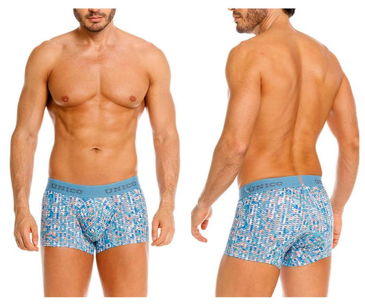 Blue patterned unico 26020100112 lignina men’s boxer briefs with light blue elastic waistband in color 46-blue