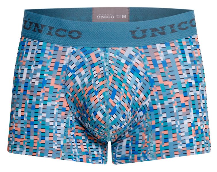 Unico 26020100112 Lignina trunks blue and coral pixelated patterned men’s boxer briefs with teal elastic waistband