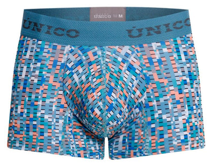 Unico 26020100112 Lignina trunks blue and coral pixelated patterned men’s boxer briefs with teal elastic waistband