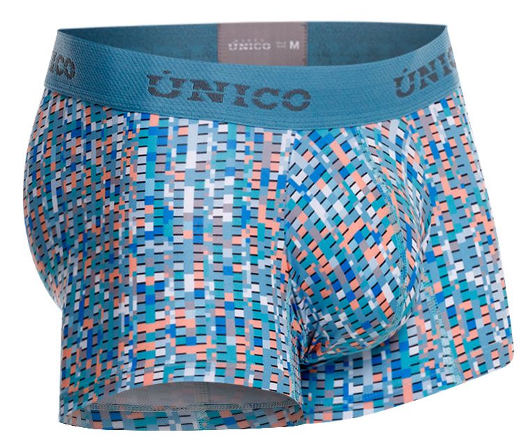 Unico 26020100112 lignina trunks men’s boxer briefs with blue coral pixelated pattern and teal elastic waistband