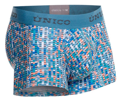 Unico 26020100112 lignina trunks men’s boxer briefs with blue coral pixelated pattern and teal elastic waistband