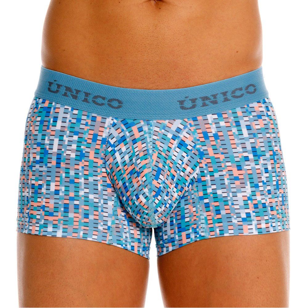 Unico 26020100112 Lignina trunks men’s boxer briefs in blue and peach geometric pattern with matching elastic waistband