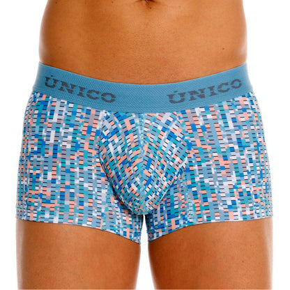 Unico 26020100112 Lignina trunks men’s boxer briefs in blue and peach geometric pattern with matching elastic waistband