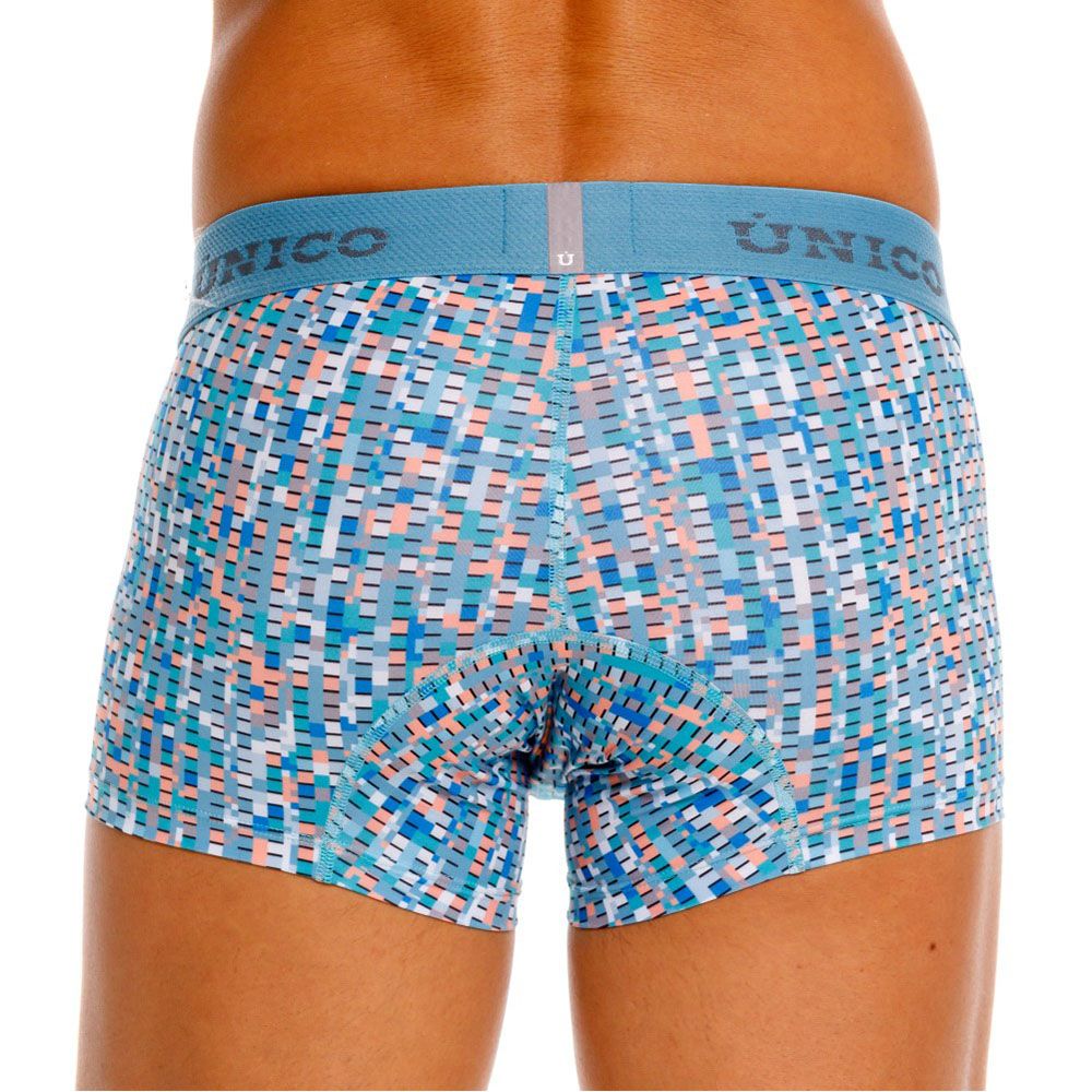 Unico 26020100112 Lignina trunks in blue and peach geometric pattern mens boxer briefs with matching elastic waistband