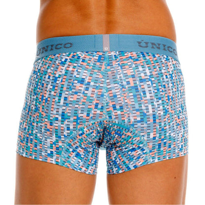 Unico 26020100112 Lignina trunks in blue and peach geometric pattern mens boxer briefs with matching elastic waistband