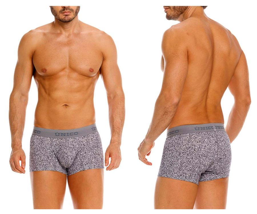 Gray suede Unico 26020100114 trunks with subtle speckled pattern and solid gray waistband featuring Unico logo